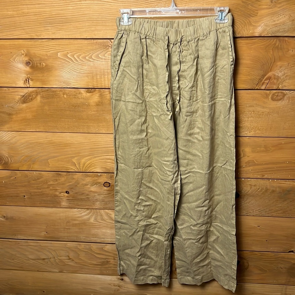 Zara Womens 100% Linen High Rise Wide Leg Pants Khaki tan/brown Md pockets comfy